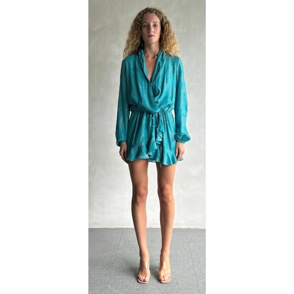 Rocco Sand Long Sleeve Cari Short Mini Dress Womens Size Large Teal Blue New - Picture 1 of 16